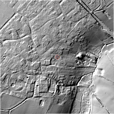 Shaded relief map of the ground around ST199NA, computed from Environment Agency LiDAR. The ground here sits at about 107 m above sea level and falls 14 m across the surrounding 800 m. Surface water reaching this point runs off ground lying to the south-south-west, 5.3 m higher.