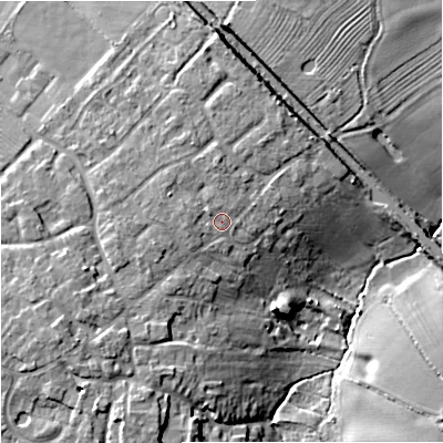 Shaded relief map of the ground around ST199NF, computed from Environment Agency LiDAR. The ground here sits at about 107 m above sea level and falls 14 m across the surrounding 800 m. Surface water reaching this point runs off ground lying to the west-north-west, 1.4 m higher.