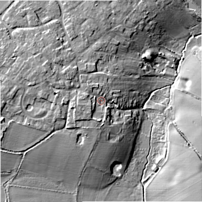 Shaded relief map of the ground around ST199NH, computed from Environment Agency LiDAR. The ground here sits at about 108 m above sea level and falls 14 m across the surrounding 800 m. Surface water reaching this point runs off ground lying to the west-south-west, 5.3 m higher.