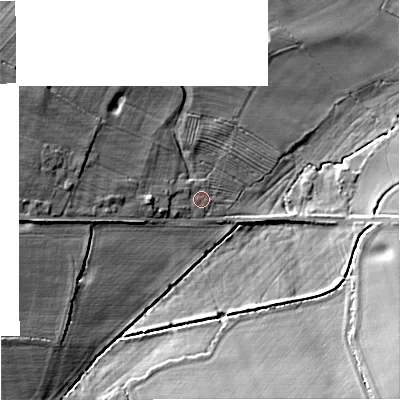 Shaded relief map of the ground around ST199QT, computed from Environment Agency LiDAR. The ground here sits at about 115 m above sea level and falls 17 m across the surrounding 800 m. Surface water reaching this point runs off ground lying to the west-north-west, 10.5 m higher.