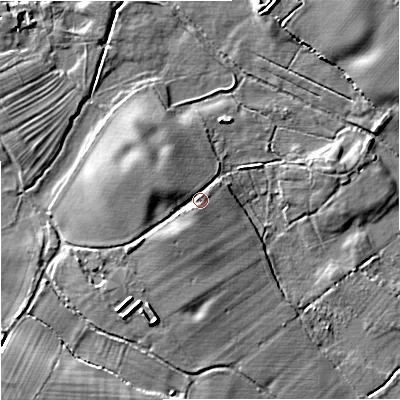 Shaded relief map of the ground around ST200AD, computed from Environment Agency LiDAR. The ground here sits at about 90 m above sea level and falls 8 m across the surrounding 800 m. Surface water reaching this point runs off ground lying to the west-north-west, 3.4 m higher.