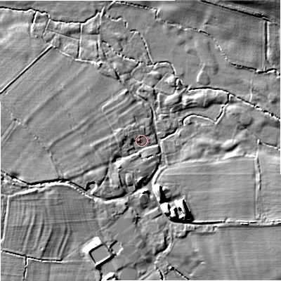 Shaded relief map of the ground around ST200AS, computed from Environment Agency LiDAR. The ground here sits at about 99 m above sea level and falls 7 m across the surrounding 800 m. Surface water reaching this point runs off ground lying to the west-south-west, 2.8 m higher.