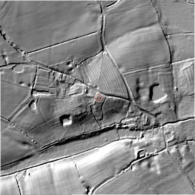 Shaded relief map of the ground around ST200BB, computed from Environment Agency LiDAR. The ground here sits at about 97 m above sea level and falls 17 m across the surrounding 800 m. Surface water reaching this point runs off ground lying to the north-west, 8.1 m higher.