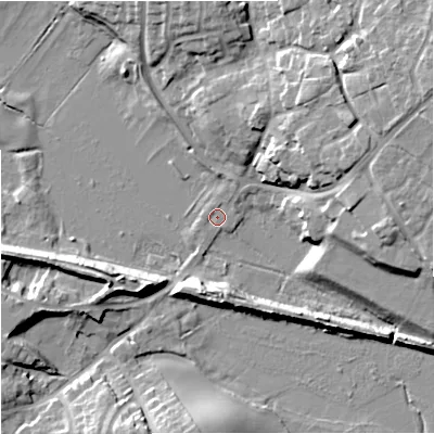 Shaded relief map of the ground around ST200EZ, computed from Environment Agency LiDAR. The ground here sits at about 93 m above sea level and falls 18 m across the surrounding 800 m. Surface water reaching this point runs off ground lying to the north-east, 14.0 m higher.