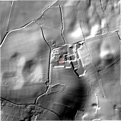 Shaded relief map of the ground around ST200NB, computed from Environment Agency LiDAR. The ground here sits at about 122 m above sea level and falls 38 m across the surrounding 800 m. Surface water reaching this point runs off ground lying to the south-south-west, 7.9 m higher.