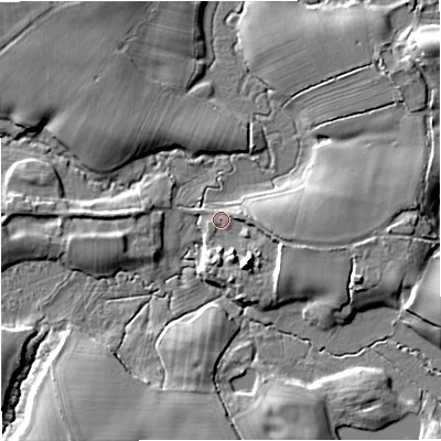 Shaded relief map of the ground around ST216EN, computed from Environment Agency LiDAR. The ground here sits at about 89 m above sea level and falls 13 m across the surrounding 800 m. Surface water reaching this point runs off ground lying to the south-south-east, 6.5 m higher.