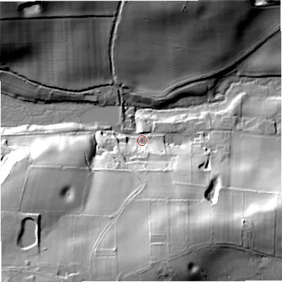 Shaded relief map of the ground around ST216ER, computed from Environment Agency LiDAR. The ground here sits at about 95 m above sea level and falls 50 m across the surrounding 800 m. Surface water reaching this point runs off ground lying to the south, 42.5 m higher.