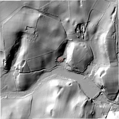 Shaded relief map of the ground around ST216HA, computed from Environment Agency LiDAR. The ground here sits at about 107 m above sea level and falls 52 m across the surrounding 800 m. Surface water reaching this point runs off ground lying to the north-north-west, 18.8 m higher.