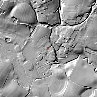 Shaded relief map of the ground around ST216HZ, computed from Environment Agency LiDAR. The ground here sits at about 87 m above sea level and falls 28 m across the surrounding 800 m. Surface water reaching this point runs off ground lying to the south-east, 1.4 m higher.
