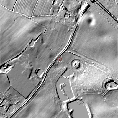 Shaded relief map of the ground around ST216LG, computed from Environment Agency LiDAR. The ground here sits at about 97 m above sea level and falls 16 m across the surrounding 800 m. Surface water reaching this point runs off ground lying to the west, 11.9 m higher.
