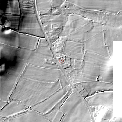 Shaded relief map of the ground around ST216LX, computed from Environment Agency LiDAR. The ground here sits at about 95 m above sea level and falls 28 m across the surrounding 800 m. Surface water reaching this point runs off ground lying to the west, 16.9 m higher.