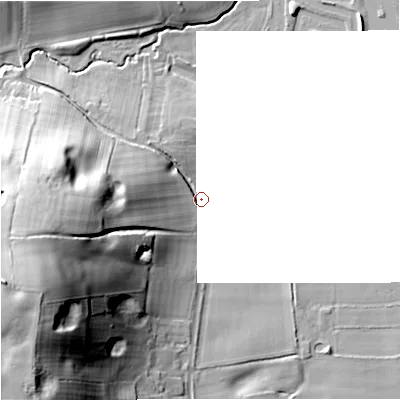 Shaded relief map of the ground around ST216QP, computed from Environment Agency LiDAR. The ground here sits at about 97 m above sea level and falls 39 m across the surrounding 800 m. Surface water reaching this point runs off ground lying to the west-south-west, 28.8 m higher.