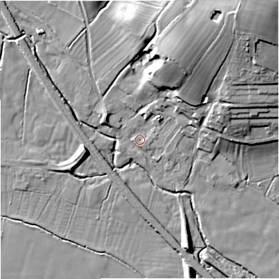 Shaded relief map of the ground around ST216QT, computed from Environment Agency LiDAR. The ground here sits at about 94 m above sea level and falls 25 m across the surrounding 800 m. Surface water reaching this point runs off ground lying to the north-north-east, 20.2 m higher.