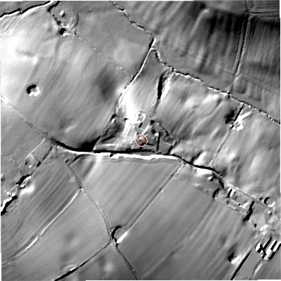 Shaded relief map of the ground around ST216RF, computed from Environment Agency LiDAR. The ground here sits at about 134 m above sea level and falls 42 m across the surrounding 800 m. Surface water reaching this point runs off ground lying to the south-west, 1.7 m higher.