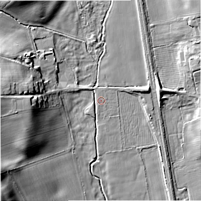 Shaded relief map of the ground around ST216RR, computed from Environment Agency LiDAR. The ground here sits at about 97 m above sea level and falls 22 m across the surrounding 800 m. Surface water reaching this point runs off ground lying to the east-north-east, 1.0 m higher.