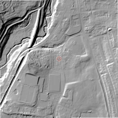 Shaded relief map of the ground around ST28AT, computed from Environment Agency LiDAR. The ground here sits at about 128 m above sea level and falls 29 m across the surrounding 800 m. Surface water reaching this point runs off ground lying to the west, 11.5 m higher.
