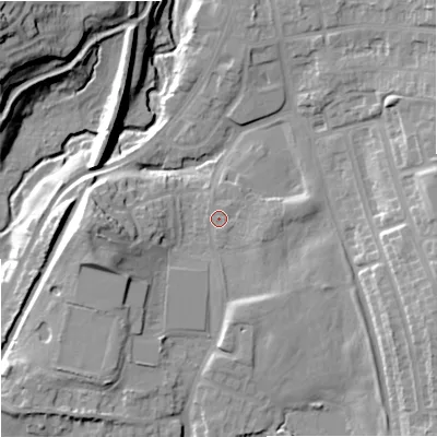 Shaded relief map of the ground around ST28AU, computed from Environment Agency LiDAR. The ground here sits at about 129 m above sea level and falls 27 m across the surrounding 800 m. Surface water reaching this point runs off ground lying to the south-east, 0.7 m higher.