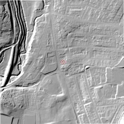 Shaded relief map of the ground around ST28AY, computed from Environment Agency LiDAR. The ground here sits at about 127 m above sea level and falls 32 m across the surrounding 800 m. Surface water reaching this point runs off ground lying to the north-north-east, 3.5 m higher.