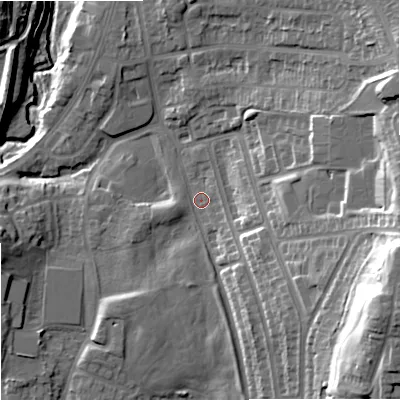 Shaded relief map of the ground around ST28AZ, computed from Environment Agency LiDAR. The ground here sits at about 127 m above sea level and falls 36 m across the surrounding 800 m. Surface water reaching this point runs off ground lying to the south-south-east, 10.0 m higher.