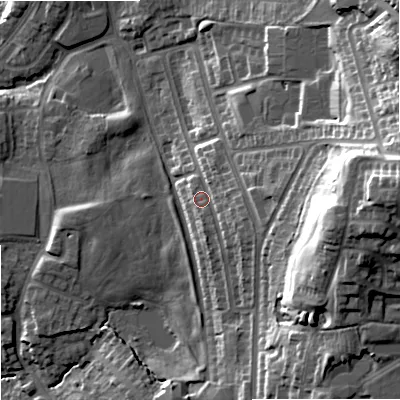 Shaded relief map of the ground around ST28BE, computed from Environment Agency LiDAR. The ground here sits at about 133 m above sea level and falls 39 m across the surrounding 800 m. Surface water reaching this point runs off ground lying to the east, 24.4 m higher.