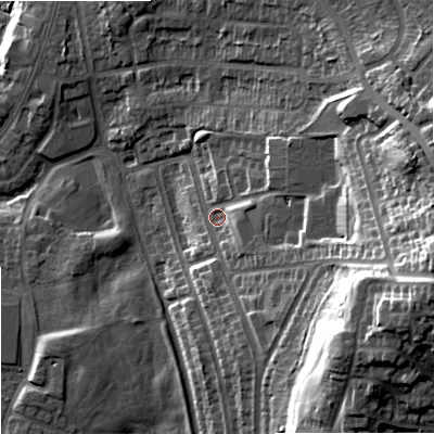 Shaded relief map of the ground around ST28BH, computed from Environment Agency LiDAR. The ground here sits at about 132 m above sea level and falls 39 m across the surrounding 800 m. Surface water reaching this point runs off ground lying to the east-south-east, 30.2 m higher.