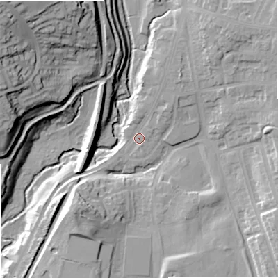 Shaded relief map of the ground around ST28BP, computed from Environment Agency LiDAR. The ground here sits at about 126 m above sea level and falls 37 m across the surrounding 800 m. Surface water reaching this point runs off ground lying to the north-north-east, 4.3 m higher.