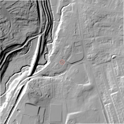 Shaded relief map of the ground around ST28BS, computed from Environment Agency LiDAR. The ground here sits at about 126 m above sea level and falls 36 m across the surrounding 800 m. Surface water reaching this point runs off ground lying to the north-north-east, 3.6 m higher.
