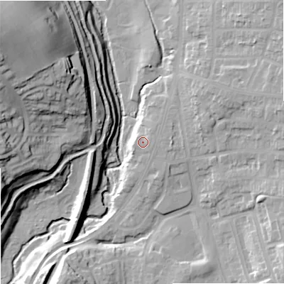 Shaded relief map of the ground around ST28BW, computed from Environment Agency LiDAR. The ground here sits at about 129 m above sea level and falls 43 m across the surrounding 800 m. Surface water reaching this point runs off ground lying to the north-east, 1.6 m higher.