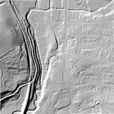 Shaded relief map of the ground around ST28BX, computed from Environment Agency LiDAR. The ground here sits at about 128 m above sea level and falls 39 m across the surrounding 800 m. Surface water reaching this point runs off ground lying to the east, 10.0 m higher.