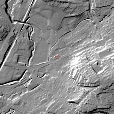 Shaded relief map of the ground around ST29AG, computed from Environment Agency LiDAR. The ground here sits at about 121 m above sea level and falls 35 m across the surrounding 800 m. Surface water reaching this point runs off ground lying to the east-south-east, 30.5 m higher.