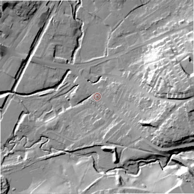 Shaded relief map of the ground around ST29JG, computed from Environment Agency LiDAR. The ground here sits at about 122 m above sea level and falls 35 m across the surrounding 800 m. Surface water reaching this point runs off ground lying to the east, 26.7 m higher.