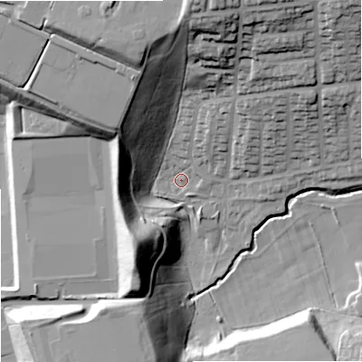 Shaded relief map of the ground around ST32BJ, computed from Environment Agency LiDAR. The ground here sits at about 114 m above sea level and falls 38 m across the surrounding 800 m. Surface water reaching this point runs off ground lying to the south-south-west, 30.3 m higher.