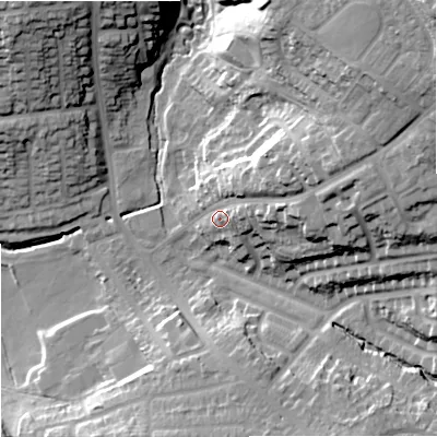 Shaded relief map of the ground around ST32EL, computed from Environment Agency LiDAR. The ground here sits at about 127 m above sea level and falls 40 m across the surrounding 800 m. Surface water reaching this point runs off ground lying to the north-east, 29.4 m higher.