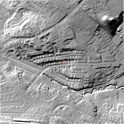 Shaded relief map of the ground around ST32ET, computed from Environment Agency LiDAR. The ground here sits at about 129 m above sea level and falls 35 m across the surrounding 800 m. Surface water reaching this point runs off ground lying to the north-east, 11.8 m higher.
