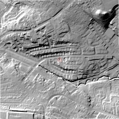 Shaded relief map of the ground around ST32EU, computed from Environment Agency LiDAR. The ground here sits at about 128 m above sea level and falls 35 m across the surrounding 800 m. Surface water reaching this point runs off ground lying to the north-north-east, 11.7 m higher.
