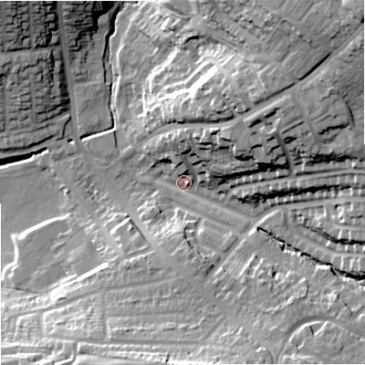 Shaded relief map of the ground around ST32EW, computed from Environment Agency LiDAR. The ground here sits at about 121 m above sea level and falls 38 m across the surrounding 800 m. Surface water reaching this point runs off ground lying to the north-east, 22.9 m higher.