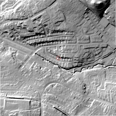Shaded relief map of the ground around ST32EY, computed from Environment Agency LiDAR. The ground here sits at about 126 m above sea level and falls 35 m across the surrounding 800 m. Surface water reaching this point runs off ground lying to the east-north-east, 10.2 m higher.