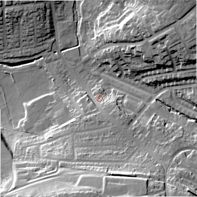 Shaded relief map of the ground around ST33AX, computed from Environment Agency LiDAR. The ground here sits at about 124 m above sea level and falls 32 m across the surrounding 800 m. Surface water reaching this point runs off ground lying to the south-south-east, 5.8 m higher.