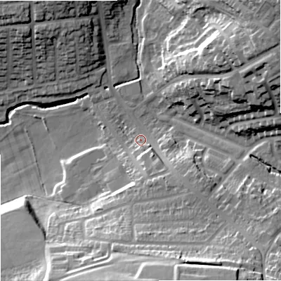 Shaded relief map of the ground around ST33AY, computed from Environment Agency LiDAR. The ground here sits at about 121 m above sea level and falls 34 m across the surrounding 800 m. Surface water reaching this point runs off ground lying to the south-east, 8.9 m higher.