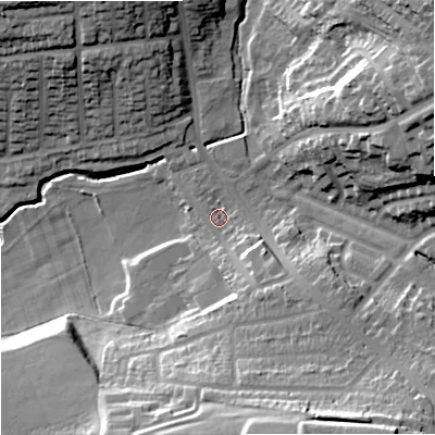 Shaded relief map of the ground around ST33BA, computed from Environment Agency LiDAR. The ground here sits at about 120 m above sea level and falls 35 m across the surrounding 800 m. Surface water reaching this point runs off ground lying to the north-east, 25.6 m higher.