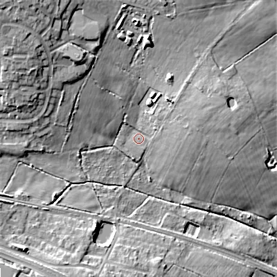 Shaded relief map of the ground around ST36HP, computed from Environment Agency LiDAR. The ground here sits at about 180 m above sea level and falls 21 m across the surrounding 800 m. Surface water reaching this point runs off ground lying to the north-west, 14.7 m higher.