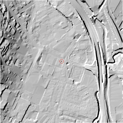 Shaded relief map of the ground around ST41AA, computed from Environment Agency LiDAR. The ground here sits at about 109 m above sea level and falls 28 m across the surrounding 800 m. Surface water reaching this point runs off ground lying to the west-north-west, 27.0 m higher.