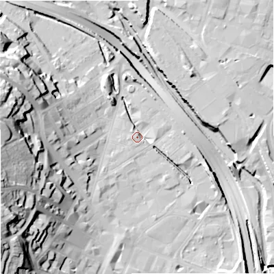 Shaded relief map of the ground around ST41AH, computed from Environment Agency LiDAR. The ground here sits at about 111 m above sea level and falls 40 m across the surrounding 800 m. Surface water reaching this point runs off ground lying to the west-south-west, 2.9 m higher.
