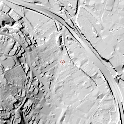 Shaded relief map of the ground around ST41AQ, computed from Environment Agency LiDAR. The ground here sits at about 110 m above sea level and falls 49 m across the surrounding 800 m. Surface water reaching this point runs off ground lying to the west-south-west, 42.2 m higher.