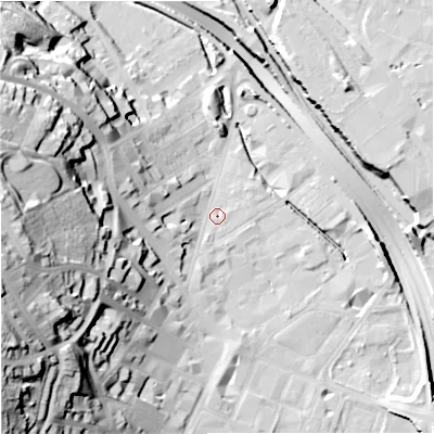 Shaded relief map of the ground around ST41AW, computed from Environment Agency LiDAR. The ground here sits at about 111 m above sea level and falls 50 m across the surrounding 800 m. Surface water reaching this point runs off ground lying to the west-south-west, 43.7 m higher.