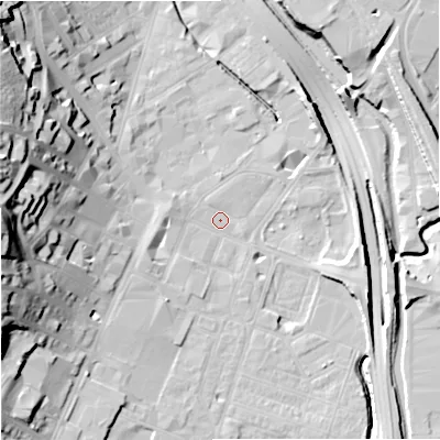 Shaded relief map of the ground around ST41BL, computed from Environment Agency LiDAR. The ground here sits at about 110 m above sea level and falls 33 m across the surrounding 800 m. Surface water reaching this point runs off ground lying to the west-north-west, 31.6 m higher.