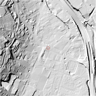 Shaded relief map of the ground around ST41BS, computed from Environment Agency LiDAR. The ground here sits at about 111 m above sea level and falls 42 m across the surrounding 800 m. Surface water reaching this point runs off ground lying to the west-south-west, 1.8 m higher.
