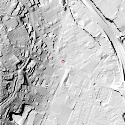 Shaded relief map of the ground around ST41BU, computed from Environment Agency LiDAR. The ground here sits at about 111 m above sea level and falls 50 m across the surrounding 800 m. Surface water reaching this point runs off ground lying to the west, 45.1 m higher.