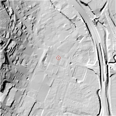 Shaded relief map of the ground around ST41DL, computed from Environment Agency LiDAR. The ground here sits at about 110 m above sea level and falls 39 m across the surrounding 800 m. Surface water reaching this point runs off ground lying to the west-south-west, 2.8 m higher.