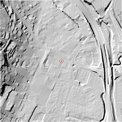 Shaded relief map of the ground around ST41DQ, computed from Environment Agency LiDAR. The ground here sits at about 110 m above sea level and falls 39 m across the surrounding 800 m. Surface water reaching this point runs off ground lying to the west, 2.8 m higher.
